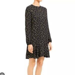 Theory Black 100% Silk Star Print Shift Flounce Hem Long Sleeve Dress - Size 2